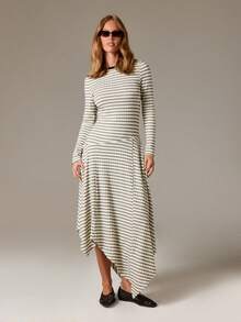 AiiRZ Asymmetric Hanky Hem Striped Maxi Dress Long Sleeve Fitted Winter Fall Fashion Statement Piece Holiday Party Festival Unique Design - Multicolor - View 3