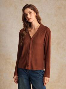 House of One Blusa de mujer de punto acanalado de cuello en V de manga larga, uso casual de otoño