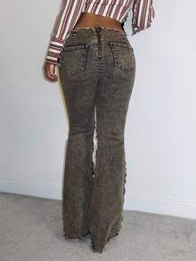 StreetHx Retro Sexy Street Style Frayed Tie-Up Low Waist Flare Jeans - Black - View 2