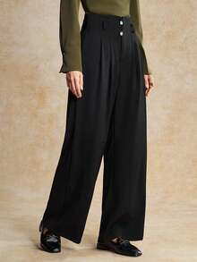 House of One 高腰百褶阔腿及地长裤女款黑色休闲裤秋季 - 黑色 - 查看 3