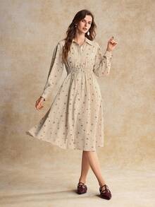 House of One Floral Print Loose Fit Woven Button Up Midi Dress Women Autumn Elegant Casual Wear