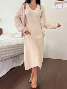 DAZY Set de 2 piezas de vestido y ropa de estar en casa de punto de unicolor para mujer, ropa de otoño/invierno, pijama, conjunto cómodo con forro polar