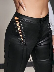 Jeanoix Pantalones acampanados negros de cuero sintético con cordones y calados, para mujer - Negro - Ver 7
