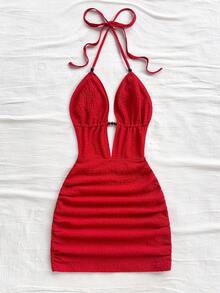 Soleia Women's Solid Color Backless Halter Mini Dress, Summer Red For Women Party Dresses Christmas Wedding Guest Chic - Red - View 4