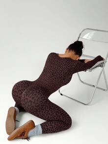 Slayform Combinaison à manches longues sans couture imprimé léopard pour femmes - Marron - Voir 6