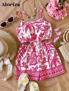 Woven Printed Camisole, Women's Twist Hollow Sleeveless Jumpsuit, Printed Pattern Women's Summer Clothing, Women's Resort Wear, Bohemian Style Fashion, Women's Beach Clothing, Casual Flowing Bohemian Style Women's Clothing, Women's Tropical Clothing - Hot Pink - View 1