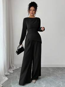 SHEIN Raffinéa 2pcs/Set Women Round Neck Solid Color Pleated Asymmetrical Hem Long Sleeve Top - Black - View 5