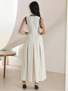 Heiryn 女士优雅撞色边无袖连衣裙，夏季