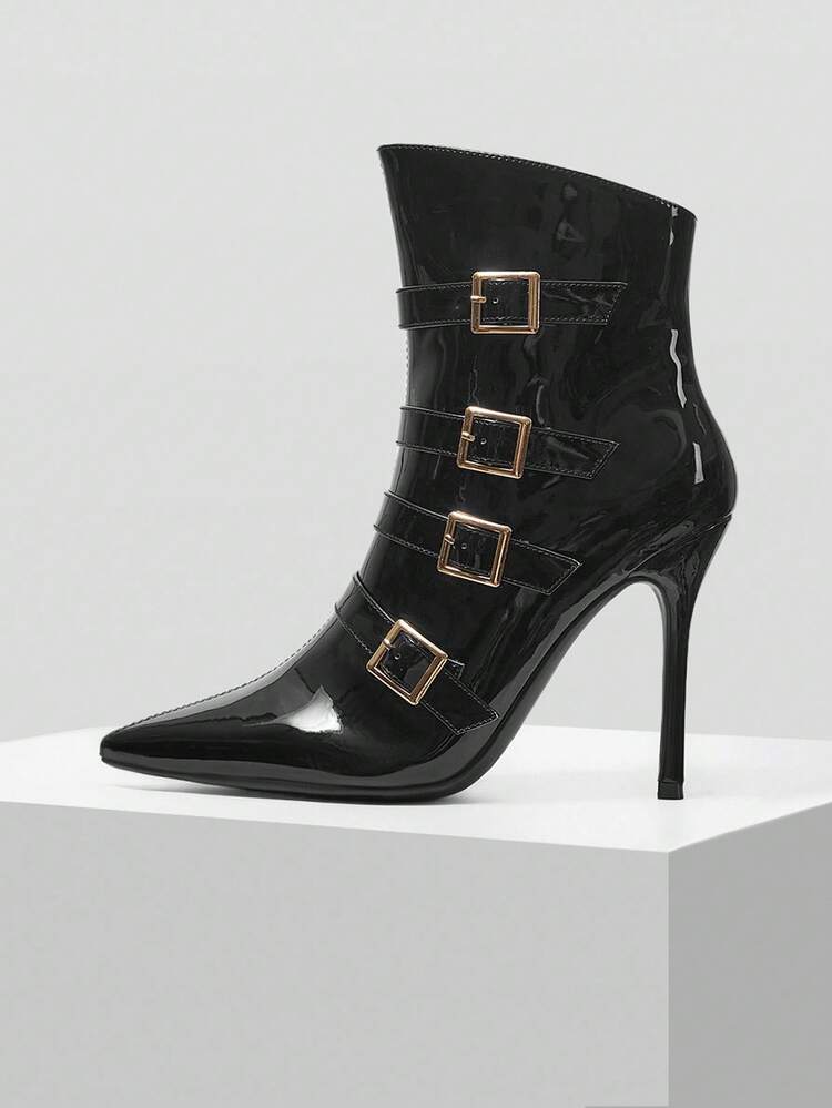 ELEGANT PATENT LEATHER HEELED BOOTS WITH METAL BUCKLE STRAP, SLIM HIGH HEELS