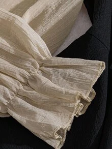 GlowEve CURVE 大码女式透视拼接立领荷叶边下摆系带长袖优雅百搭衬衫 + 纯色宽松裤轻盈法式通勤约会两件套 - 黑色 - 查看 3