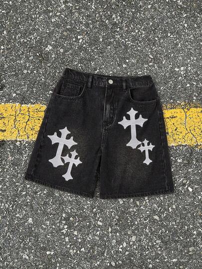 SHEIN Teen Boy Fashion Casual Y2k Vintage Cross Embroidery Pocket Wide-Leg Loose Casual Denim Long Shorts,Girls Summer Vacation Concert Streetwear Outfits For Teen Boy Clothes Boys Soft Dailywear And Teen Boy Summer And Spring Rave Outfits Festival And Beach Outfits Clothes