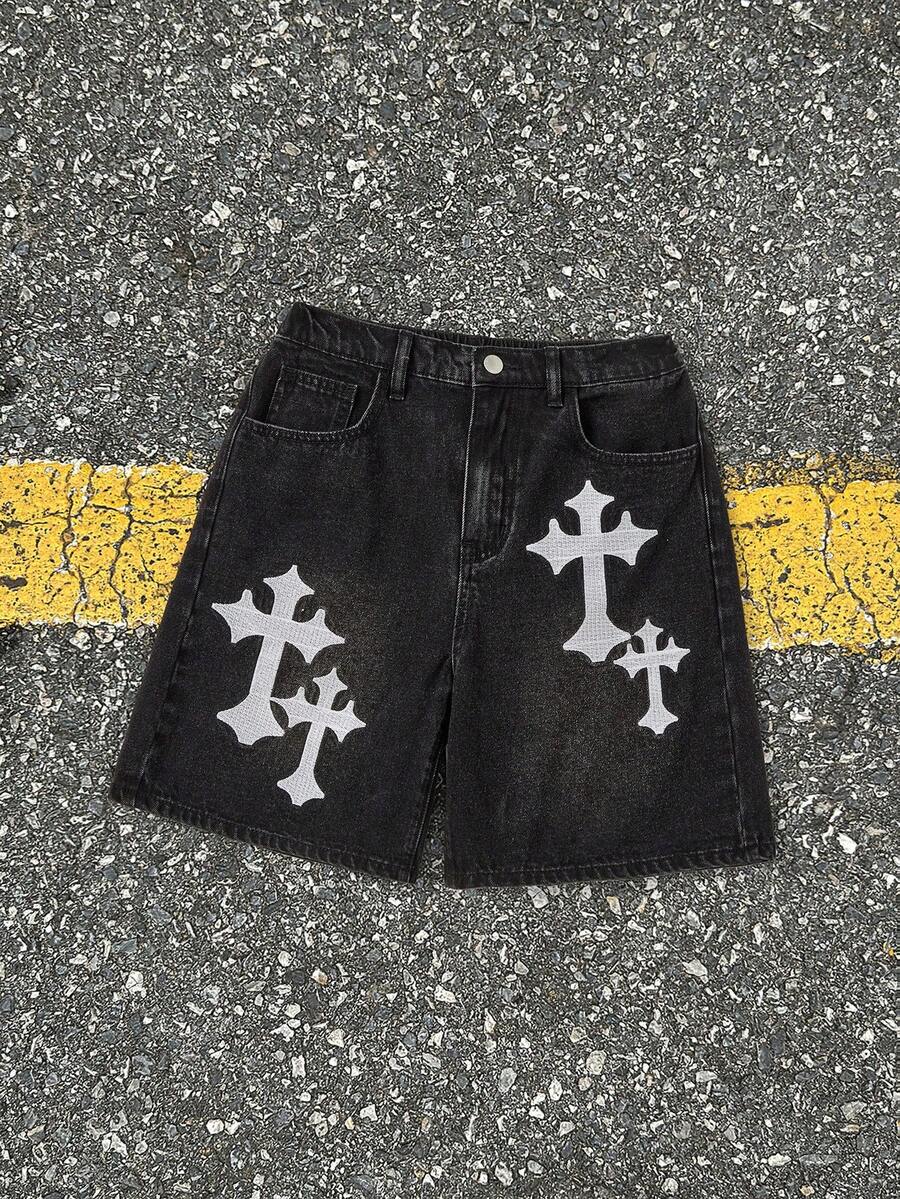 SHEIN 青少年男孩时尚休闲Y2K复古十字刺绣口袋阔腿宽松休闲牛仔长短裤，适合女孩夏季度假音乐会街头服饰，青少年男孩日常柔软穿着，以及青少年男孩春夏狂欢节和海滩服饰。 - 黑色 - 查看 1