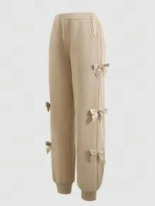 SHEIN Tween 女童宽松休闲简约舒适圆领拼接撞色连帽衫和慢跑裤套装 - 卡其色 - 查看 4