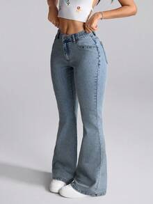 SHEIN EZwear Quần jeans ống loe cạp thấp thêu hoa thanh lịch dành cho nữ - Màu xanh lam - Xem 3