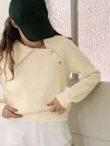 DAZY Áo len cổ lọ mềm mại, ấm áp cỡ lớn, thiết kế cổ áo độc đáo, áo khoác ngoài - Màu be - Xem 2