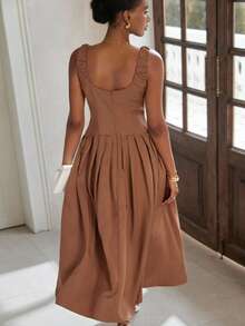 GENKIRA Vestido sin mangas con busto y dobladillo plisados, estilo minimalista para ir al trabajo, elegante - Marrón - Ver 2