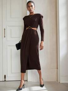Aveloria Modichic Elastic Midriff Exposed Shoulder Sexy Metal Buckle Long Sleeve Dress - Coffee Brown - View 7