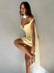Aloruh Women's Off Shoulder Ruffle Hem Fashionable Mini Dress, Light Yellow - Light Yellow - View 4