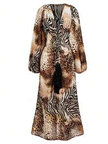 Shutterstock Women's Leopard Print Sheer Mesh Maxi Dress, Sexy For Vacation, Party, And Gathering - Khaki - View 3