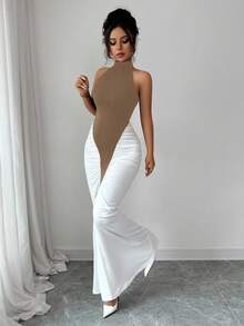 Elenzga Women's Black & White Color Block Halter Neck Cinched Waist Fishtail Hem Elegant Dress, Suitable For Commuting And Daily Wear - Mocha Brown - View 6