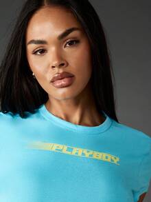 Missguided x Playboy 短袖短款婴儿T恤，带标语印花，适合夏季休闲街头服饰 - 藍色 - 查看 6