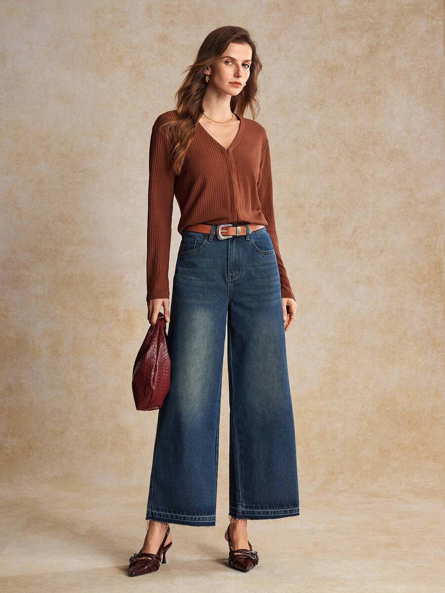 House of One Blusa de mujer de punto acanalado de cuello en V de manga larga, uso casual de otoño