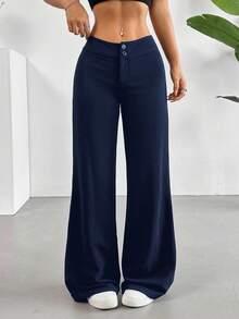 SHEIN EZwear 加大码蓝色休闲高腰直筒裤女式阔腿裤海军蓝裤子 - 藍色 - 查看 9