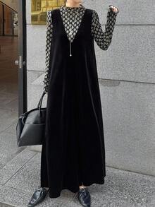 FRIFUL 女式天鹅绒宽松阔腿裤，休闲都市风格连体裤，秋季 - 黑色 - 查看 3