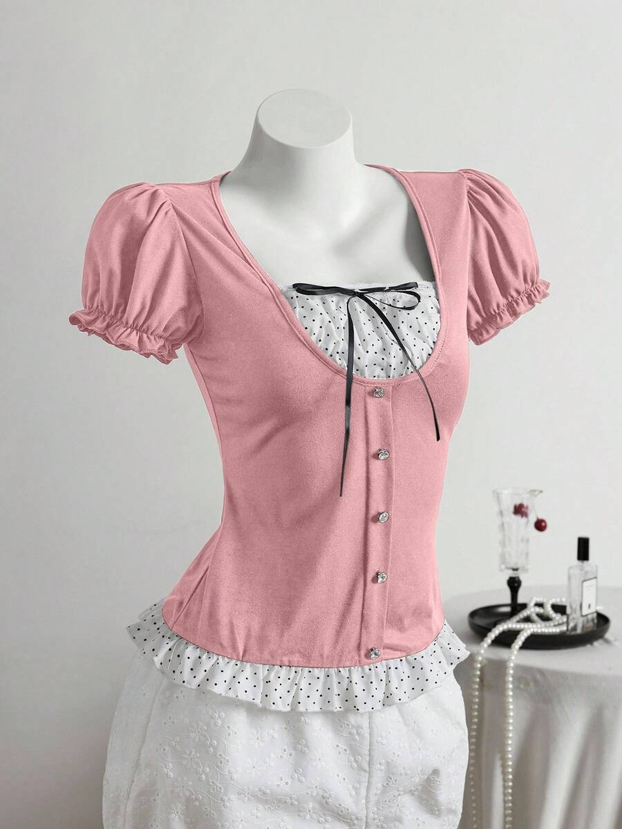 Elamini Black Vintage-Style Shoulder-Baring Short Sleeve T-Shirt, Spring/Summer - Pink - View 1