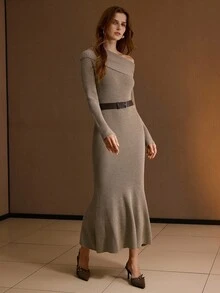 MOTF PREMIUM 秋冬不对称领口连衣裙 - 駝色 - 查看 4