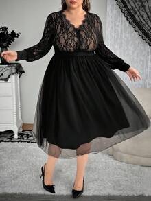 Enliva Christmas Plus Size Women Lantern Sleeve Midi Lace Dress/Autumn /Winter