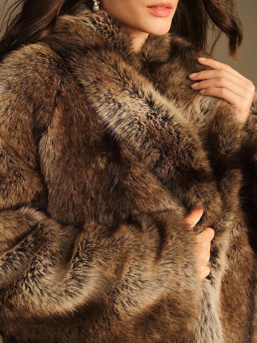 Anewsta 时尚优雅的渐变色人造毛皮长款大衣 - 棕色 - 查看 1