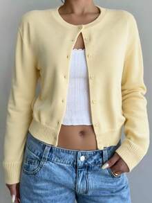 SHEIN Teen Girls Yellow Cardigans Knitwear Casual Solid Color Round Neck Long Sleeve Loose Cropped Girl Cardigan Sweater, Warm Comfort, Cozy Chic, Daily Commute,Halloween,Fall,Winter,Autumn,Christmas,Y2k,Summer