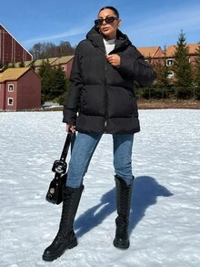 SHEIN Essnce Slant Pocket Zip Up Hooded Puffer Coat - Black - View 5