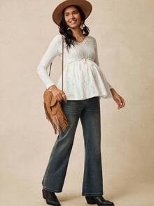 Boho Mama 孕妇几何纹理抽绳腰V领长袖T恤 - 杏色 - 查看 4