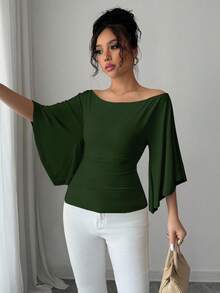 Elenzga 女士优雅露肩喇叭袖纯色T恤 - 橄欖綠 - 查看 5