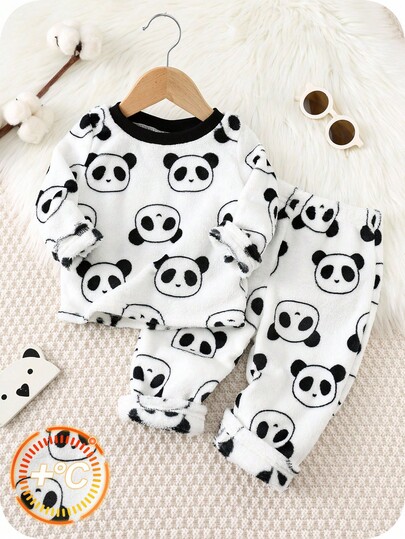 SHEIN 2pcs/Set Baby Boys Fleece-Lined Cute Panda Pattern Sweatshirt And Pants Pajama Set, Cozy & Fashionable Daily Casual Outfit, Suitable For Autumn/Winter Baby Panda Pajamas Baby Fleece Pajamas Baby Pajama Set Panda Baby Clothes Fall