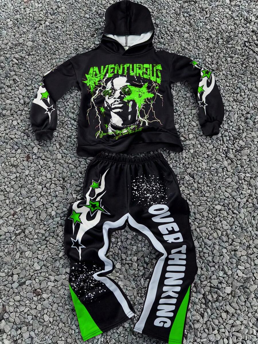 Bolty 2 件装青少年男童休闲运动学院风黑色连帽印花卫衣和喇叭裤套装，适合儿童服装、幼儿男童服装、返校季男童套装、日常穿着、上学、旅行、运动、冬季套装、冬季服装、秋季服装、所有儿童服装、黑色上衣、黑色裤子。 - 綠色 - 查看 1