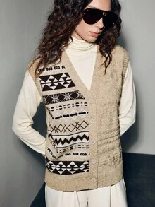 Lumivelle Women's Casual Fashion Loose V-Neck Sweater Vest, Vintage Pattern On Left, Textured Design On Right, Suitable For Autumn/Winter - Grey - View 6