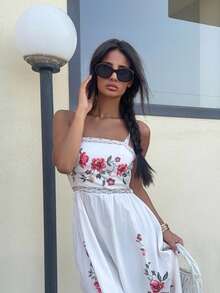 Ronhire Women's Floral Print Long Elegant Cami Dress, Vacation Style, Prom Dresses For Ladies,Summer Dresses ,Sun Dresses ,Floral Dress Women,Prom Dress,Vacation Outfits Woman