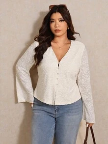 Elaquor Elegantes Große Größen Pendler-Shirt mit einfarbigem Jacquard-Muster und Glockenärmeln - Aprikosenfarben - Übersicht 4