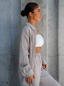 SAYEHFBABY Bộ 2 áo sơ mi dài tay màu trơn thời trang xuân thu cho nữ và quần dài - Màu be - Xem 6