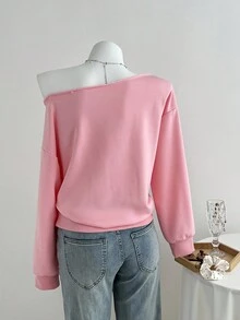 Elamini 女士不对称领字母刺绣宽松休闲运动衫，适合秋冬季 Y2K - 粉色 - 查看 2