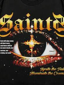 ROMWE MEN Street Life Men's Retro Graphic Eye Print Loose Cropped Long Sleeve T-Shirt, For Fall - Black - View 4