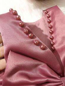 SHEIN 2 件套新生儿女童珍珠风格连衣裙配玫瑰花头带婴儿拍照服装婴儿 1 个月 100 天拍照服装 - 紅色 - 查看 8