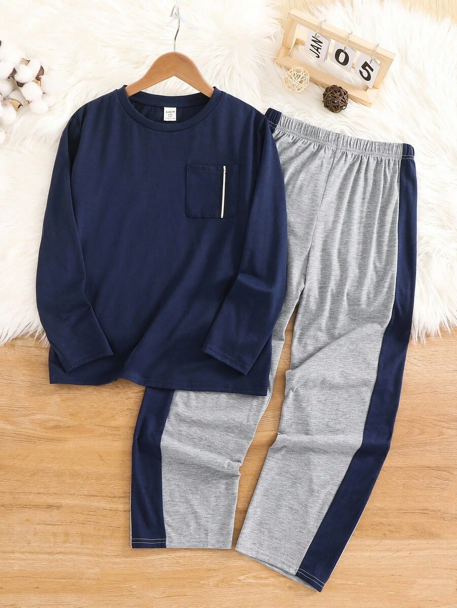 SHEIN 2 件套青少年男孩圆领长袖口袋 T 恤和撞色裤子睡衣套装 - 藍色 - 查看 1