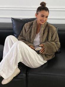 DAZY 女士高级仿皮草外套，冬季女式大衣 - 棕色 - 查看 5