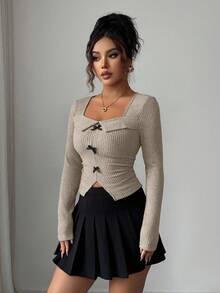 Elenzga Women's Square Neck Bow Asymmetrical Long Sleeve T-Shirt - Apricot - View 3