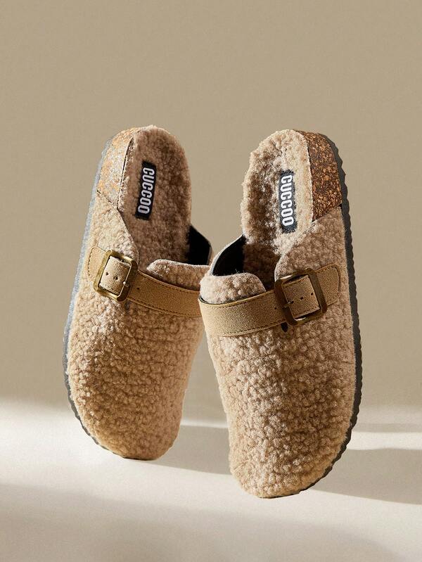 Solecia Khaki Fuzzy Strap Flats, Fashionable For Commuting, Shopping, Home, Holiday