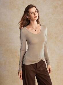 House of One Glittery Knit Round Neck Long Sleeves Top With Metal Buckle Deco Women Autumn Elegant Wear - Khaki - View 3
